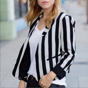 Line & Dot Striped Chiffon Blazer Jacket Black White L Lightweight